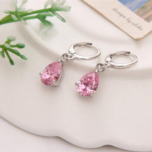 Load image into Gallery viewer, Pink Pear Cut Dangling Leverback Earrings in 14K White Gold