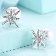 Load image into Gallery viewer, Freshwater Pearl Swarovski Elements Pav'e Starburst Studs in 14K White Gold Plating
